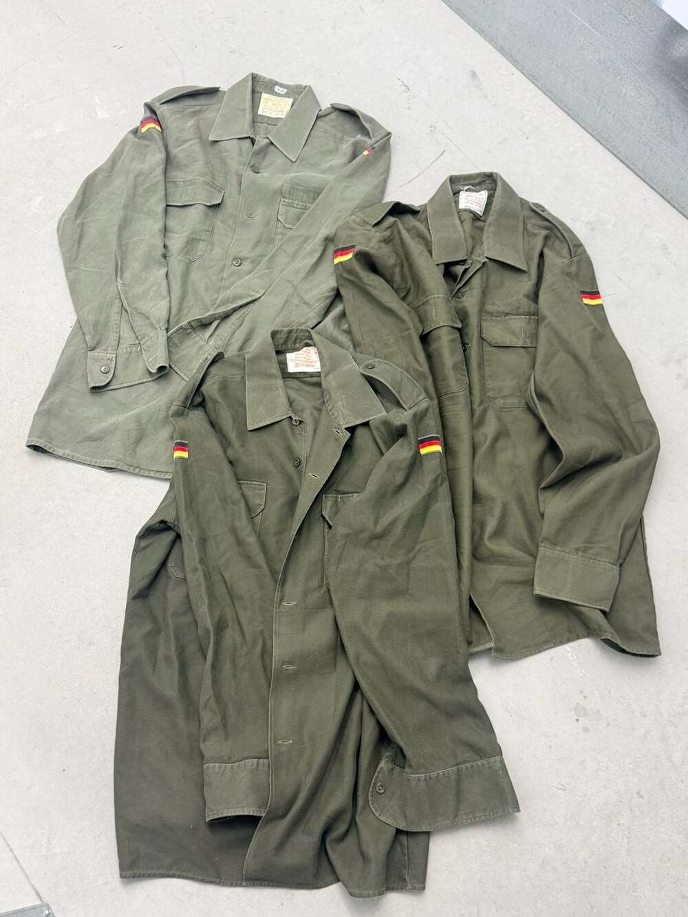 VTG German Military Surplus Field Shirts Lot of 3 Olive Drab German Flag Sleeve